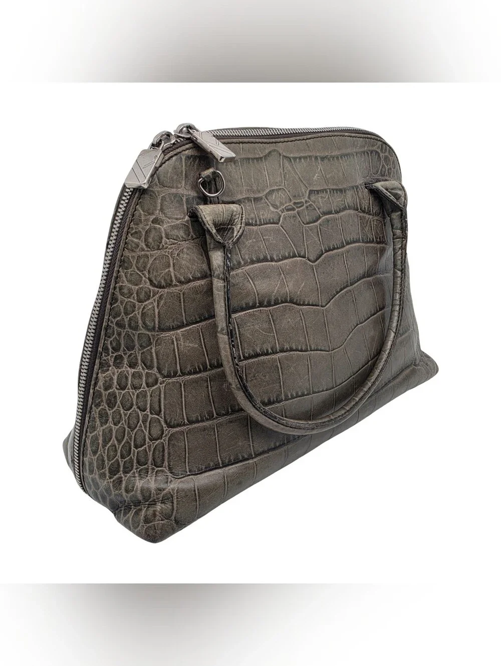 Vintage Furla Crocodile Embossed Green Leather Dome Satchel